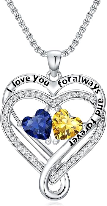 I Love You for Awlays and Forever Double Heart Necklace with Birthstone, 2 Birth Stone Jewelry Anniversary Valentines Mothers Day Christmas Birthday Gifts for Women Her Wife Girlfriend Mom Mother