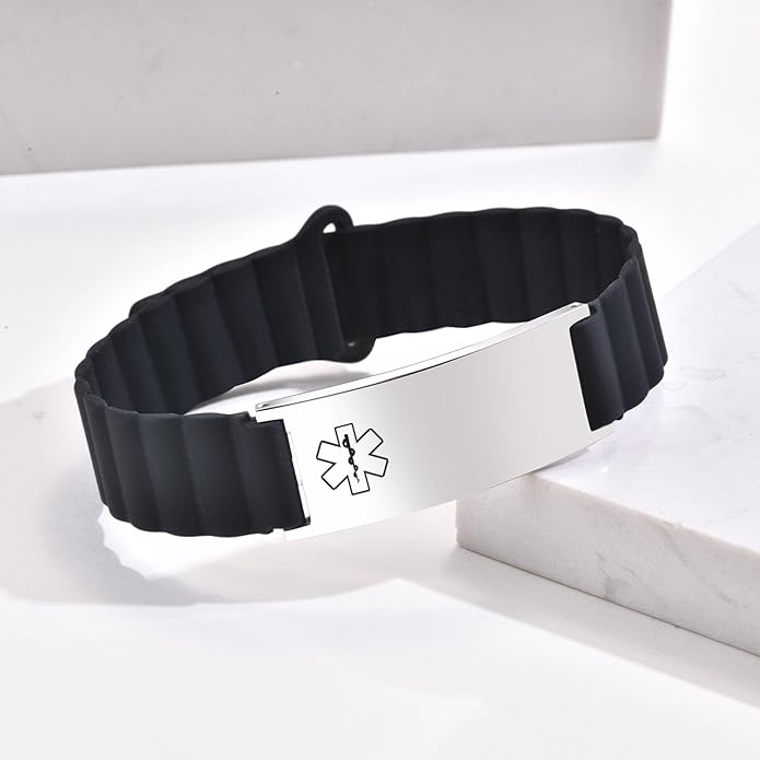 Comfortable Medical ID Bracelet for Men & Women - Custom Engraved Silicone Strap Comfort Fit Medical Alert Bracelets for Sports,Adjustable Waterproof Customizable Wristband for Diabetic