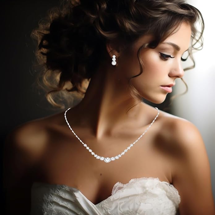 Crystal Wedding Jewelry Set, Silver Necklace Earrings Bracelet Crystal Bridal Wedding Jewelry Sets for Brides Bridesmaid Prom Costume Accessories