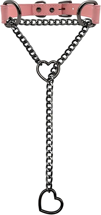 Black Leather Choker Collar For Women, Handmade Heart Slip Chain Choker Long Necklace with Adjustable Buckle