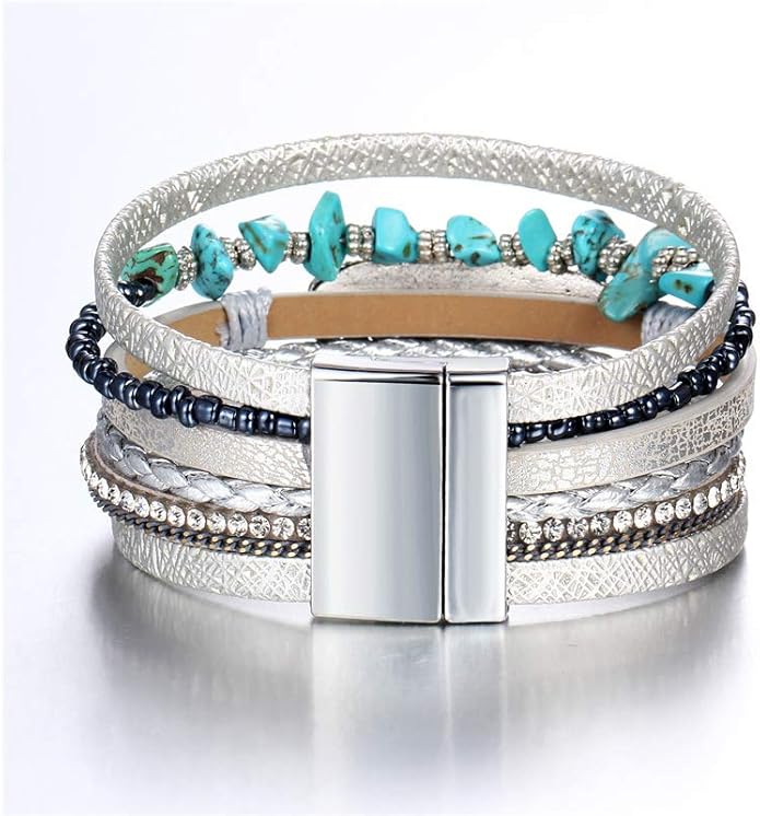 Fesciory Leopard Bracelet for Women, Boho Leather Wrap Multi-Layer Pearl Crystal Bracelet Bangle Jewelry