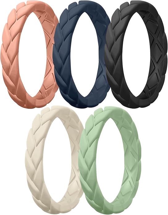 Egnaro Women's Silicone Stackable Rings 3.5mm Wide 2mm Thick, Rubber Flexible Hypoallergenic Wedding Bands For Workout Leaf Braided Fashion