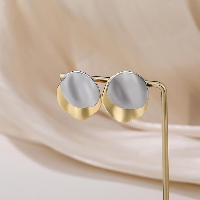 SHINYSO Chunky Stud Earrings for Women Two Tone Mixed Metal Gold and Silver Big Statement Hypoallergenic Earring