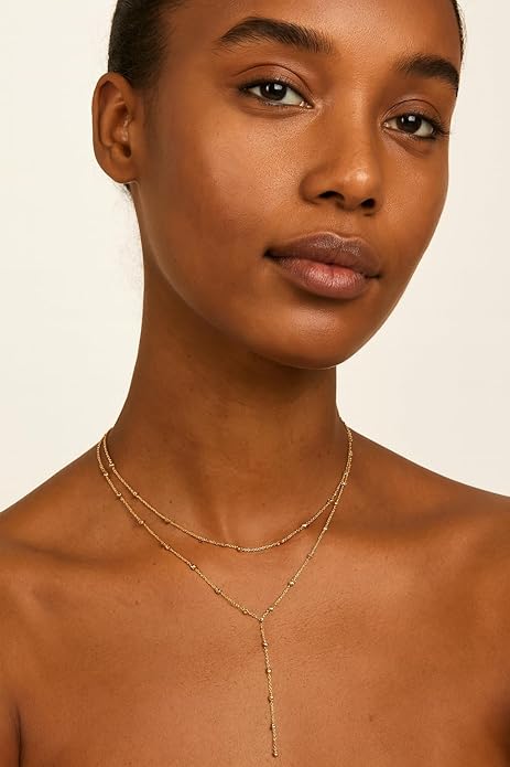 14K Gold Plated Y Necklace for Women – Dainty Lariat Long Pendant Chain, Layered Drop Necklace for V Neck Dress, Simple Sexy Cleavage Jewelry Gifts for Women