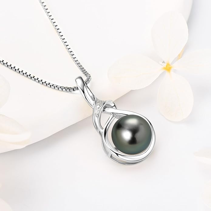 Tahitian Black Pearl Necklaces for Women, Sterling Silver Single Pearl Pendant Necklace Birthday Anniversary Jewelry Gifts for Wife Mom