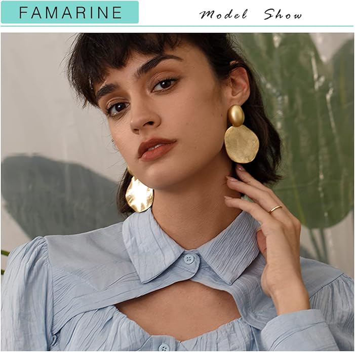 FAMARINE Big Disc Drop Earrings Gold Dangle Earrings Round Hammered Earrings Women