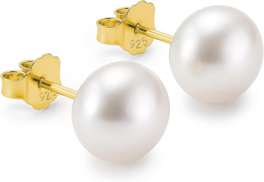 KEZEF Freshwater Pearl Stud Earrings for Women – AAA Quality Cultured Pearls on 925 Sterling Silver Post Rhodium or 14K Gold Plated, Sizes 6‑11 mm
