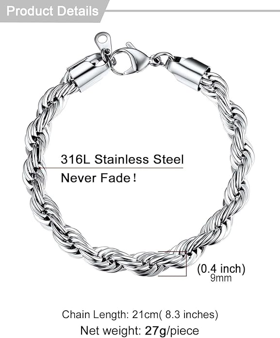 U7 Link Bracelets for Men, Cuban Link/Rope/Watch Band Solid Bracelet, Silver Black Gold Color Wrist Bracelet 3/6/9/12/15mm Width, 6.5/7.5/8.3 Inch Length, Hand Chain Jewelry for Mens Women