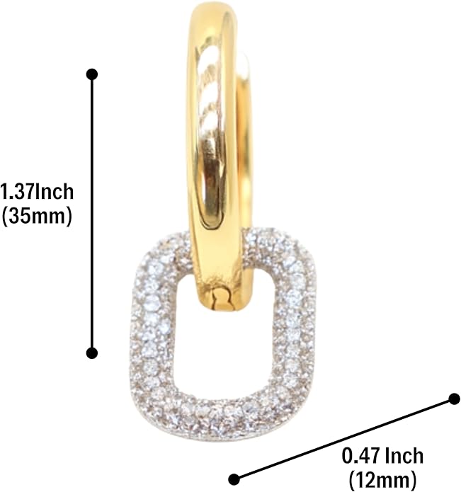 Gold Tone Geometric Dangle Hoop Earrings for Women – Crystal Rectangle Charm, 35mm Drop Length, 12mm Width.KT0013