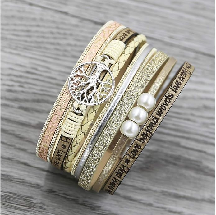 Fesciory Leopard Bracelet for Women, Boho Leather Wrap Multi-Layer Pearl Crystal Bracelet Bangle Jewelry