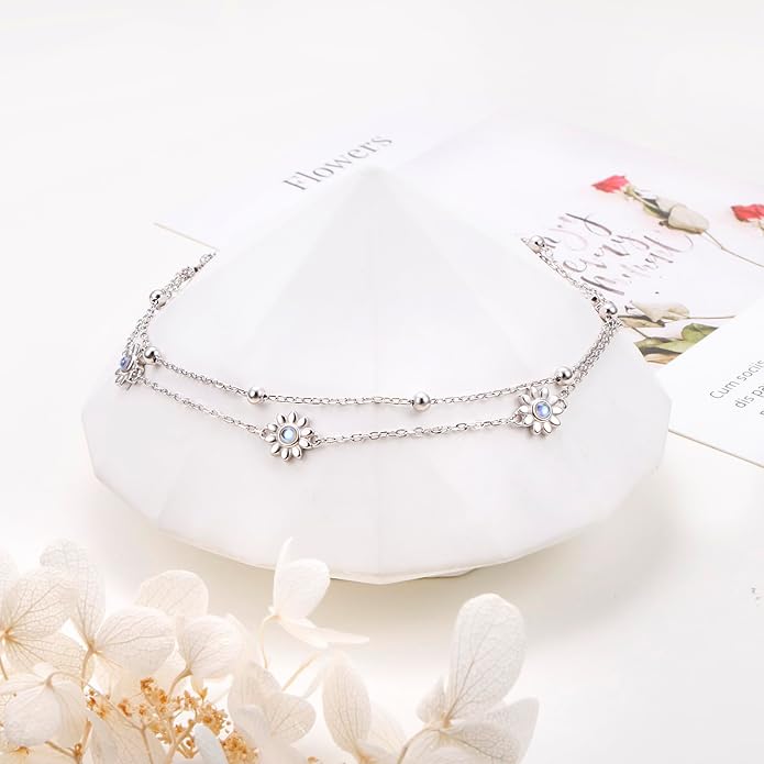 FLYOW Anklet for Women S925 Sterling Silver Adjustable Foot Beaded Heart Charm Ankle Bracelet Anklets Jewelry