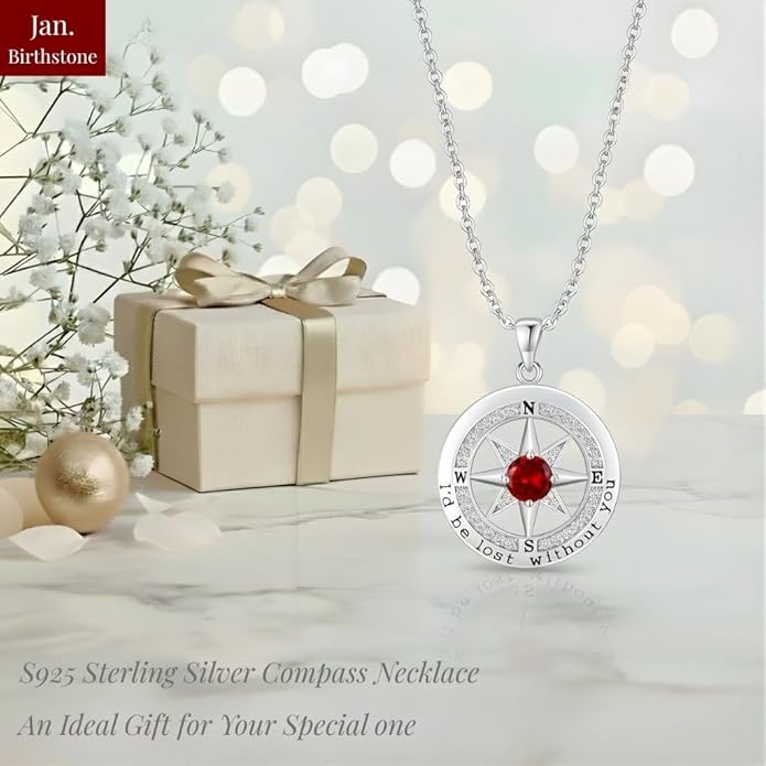 Compass Necklace for Women Wife Girlfriend Mom Daughter Gifts S925 Silver Jewelry For Anniversary Rose Gold Gifts For Birthday Christmas Mothers Valentines Day 12 Birthstones