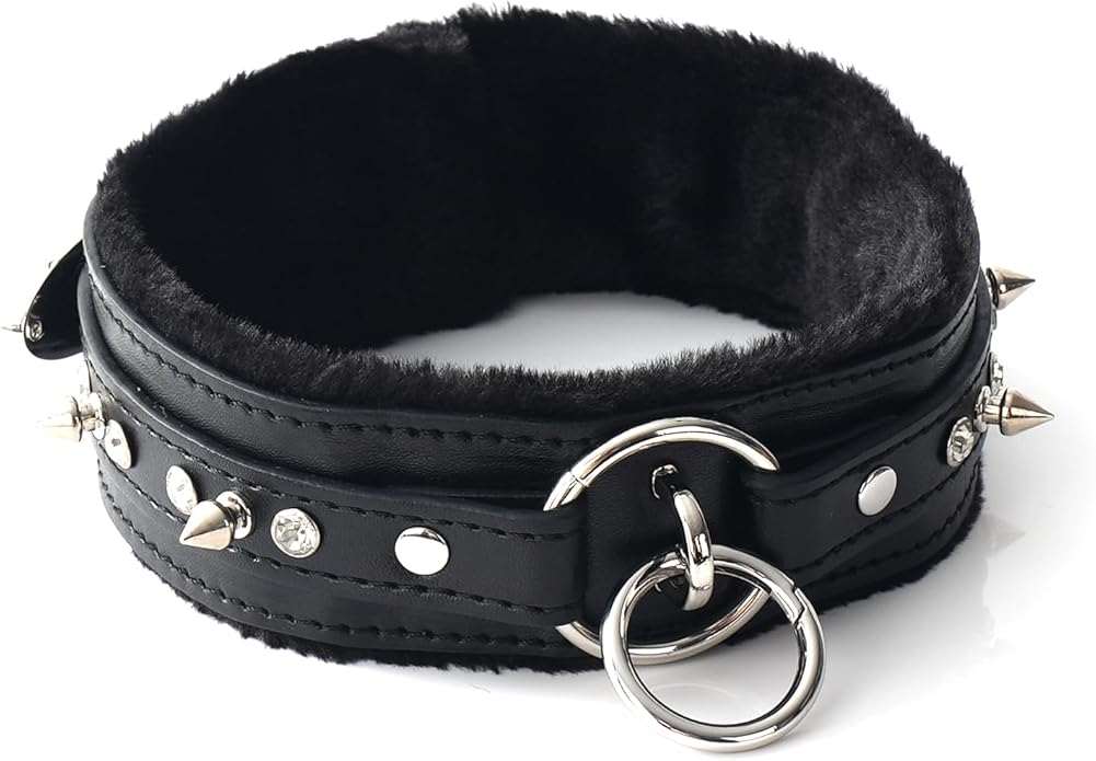 Gothic Punk Choker for Women, Handmade PU Leather Collar with Crystal Rivets Soft Inner Fur Comfortable Necklace