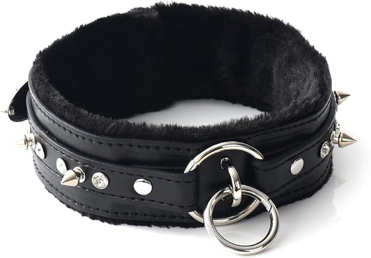 Gothic Punk Choker for Women, Handmade PU Leather Collar with Crystal Rivets Soft Inner Fur Comfortable Necklace