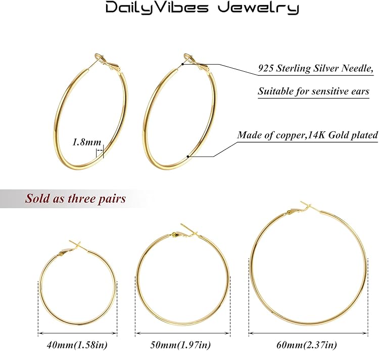Big Gold Hoop Earrings for Women Hypoallergenic 925 Sterling Silver Post Thin Loop 14K Gold Plated Hoop Earrings Set for Women, 3 Pairs