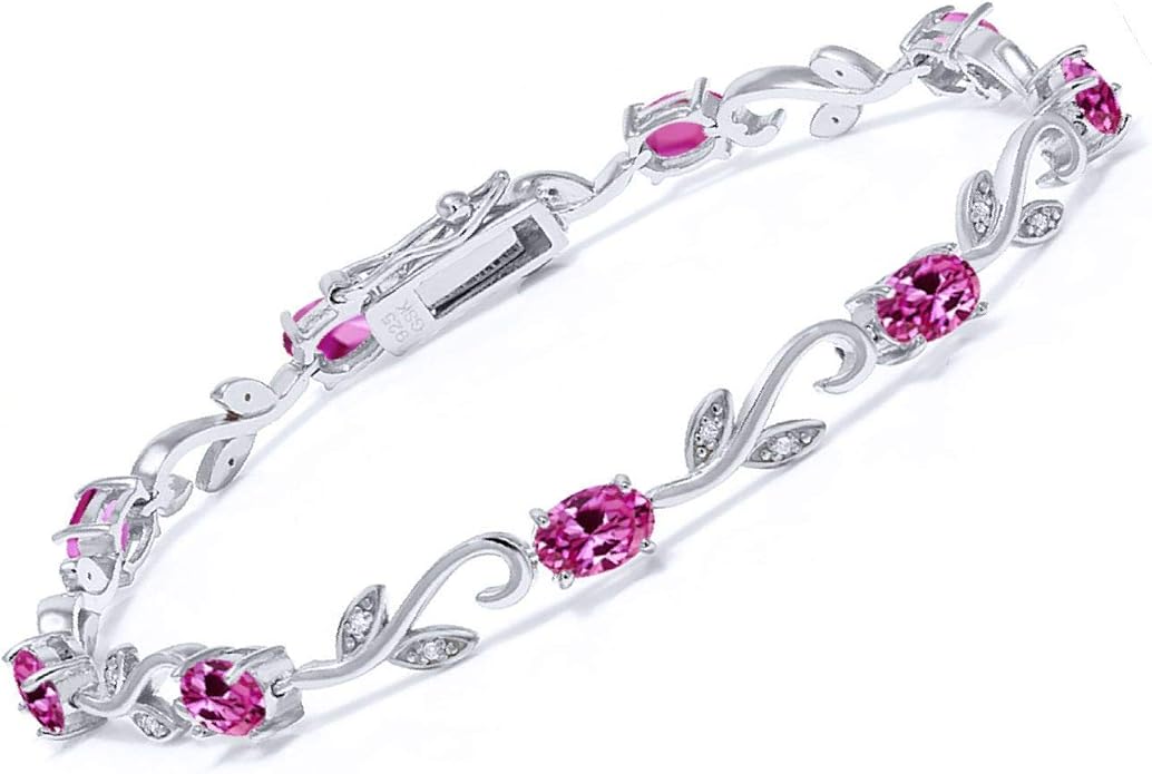 Gem Stone King 925 Sterling Silver Pink Created Sapphire and Diamond Greek Vine Tennis Bracelet For Women (4.63 Cttw, 7 Inch, Oval 6X4MM)