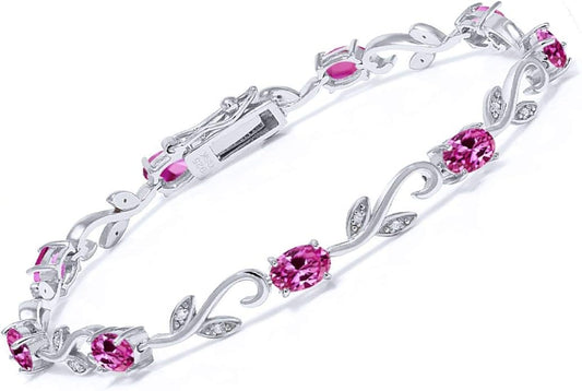 Gem Stone King 925 Sterling Silver Pink Created Sapphire and Diamond Greek Vine Tennis Bracelet For Women (4.63 Cttw, 7 Inch, Oval 6X4MM)