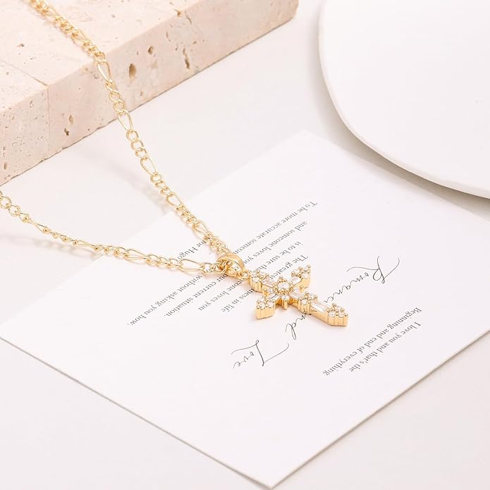 Cross Necklace for Women Dainty 14K Real Silver Gold Plated Layered Cross Pendant Necklace Stack Simple Trendy Cute Charm Choker Necklaces Jewelry Gift for Women Teen Her