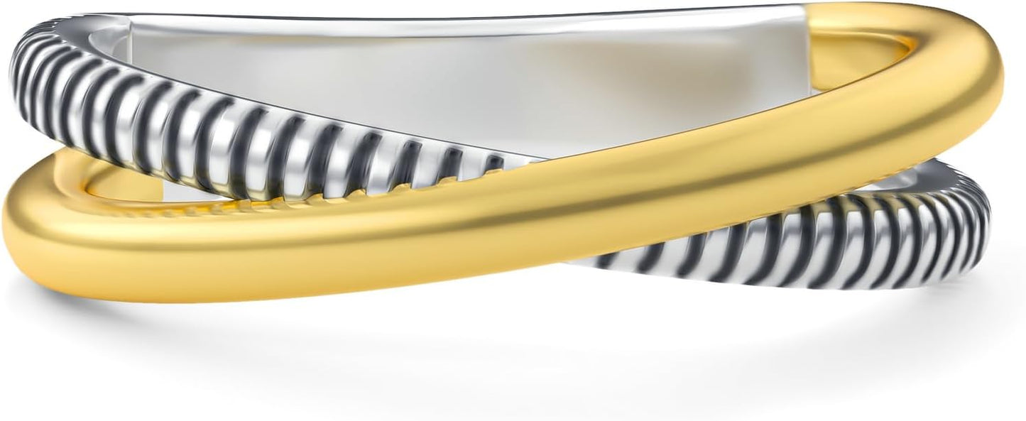 Two-Tone Wide Statement Ring for Women - Gold Silver Crossover Band with Ribbed Texture - Modern Fashion Jewelry Cocktail Ring - Mixed Metal Layered Design