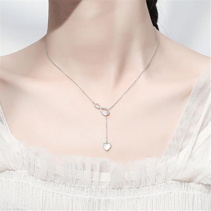 Infinity Lariat Y-Necklace for Women 925 Sterling Silver Love Heart Mother of Pearl Pendant Long Link Chain Necklaces Adjustable Delicate Wedding Birthday Valentines Jewelry Gift 20 inches