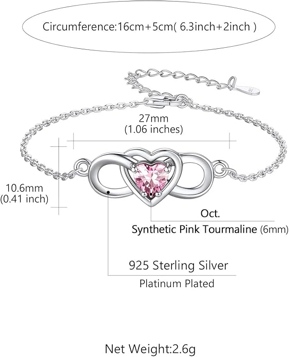 Custom4U Personalized Infinity Love Symbol Link Bracelets for Women 925 Sterling Silver Birthstone Bracelet Adjustable Engraved Chain Christmas Mother's Day Birthday Jewelry Gifts for Mom Her