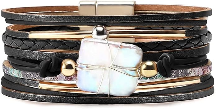 Fesciory Leather Wrap Bracelets for Women, Boho Leopard Multi-Layer Crystal Beads Cuff Bracelet Jewelry