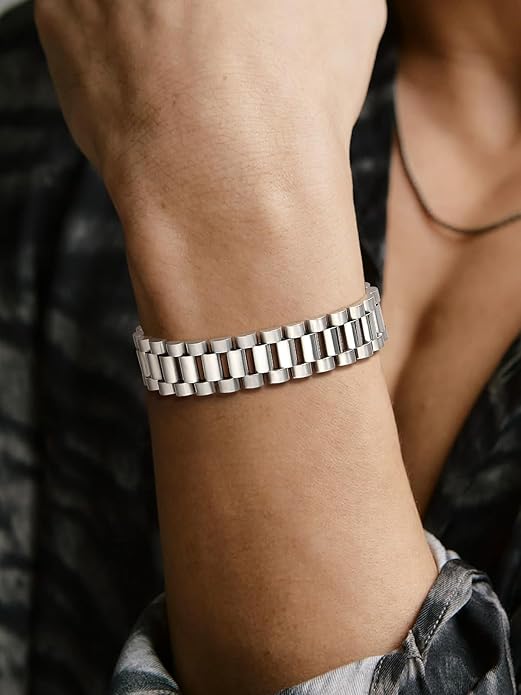 U7 Link Bracelets for Men, Cuban Link/Rope/Watch Band Solid Bracelet, Silver Black Gold Color Wrist Bracelet 3/6/9/12/15mm Width, 6.5/7.5/8.3 Inch Length, Hand Chain Jewelry for Mens Women
