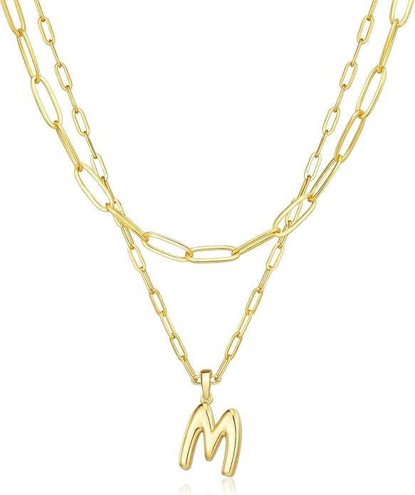 adoyi Gold Necklace for Women Layered Bubble Heart Letter Initial Necklaces for Women Trendy Jewelry 14K Gold Plated Chain Chunky Name Necklace Stack Charm A-Z Pendant Set Jewelry Gifts