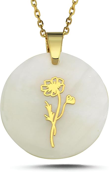 ONTHOLOGIE Birth Month Flower Necklace on Natural Mother of Pearl, 925K Sterling Silver Pendant Birth Flower Necklace, Personalized Birth Month Jewelry, Meaningful Gift for Women