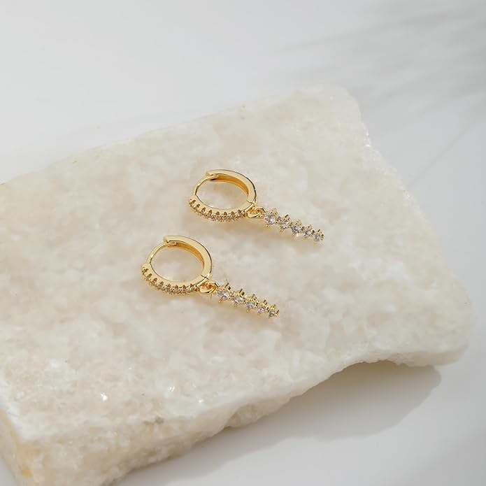 14K Gold Plated Dangle Earrings for Women - Dainty, Trendy, Hypoallergenic CZ Drop Earrings - Simple Long Dangling Jewelry