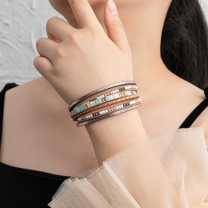Rantanto Braid Leather Wrap Bracelet Trendy Stackable Crystal Cuff Boho Gold Heart Bracelet Jewelry Gift For Women