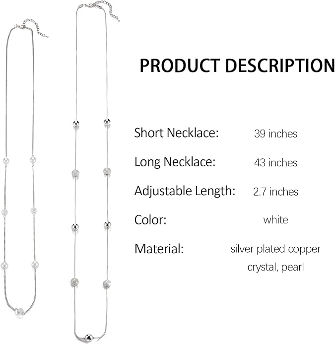 Silver Layered Long Necklace for Women Pearl Crystal Sweater Strand Chain Necklaces Fashion Gifts