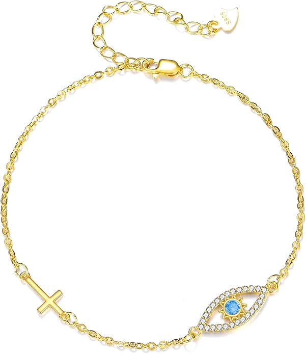 Religion Bracelet S925 Sterling Silver Cross/Evil Eye Bracelet Good Lucky Faith Jewelry Gifts for Women