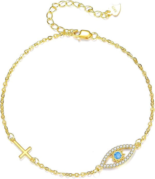 Religion Bracelet S925 Sterling Silver Cross/Evil Eye Bracelet Good Lucky Faith Jewelry Gifts for Women
