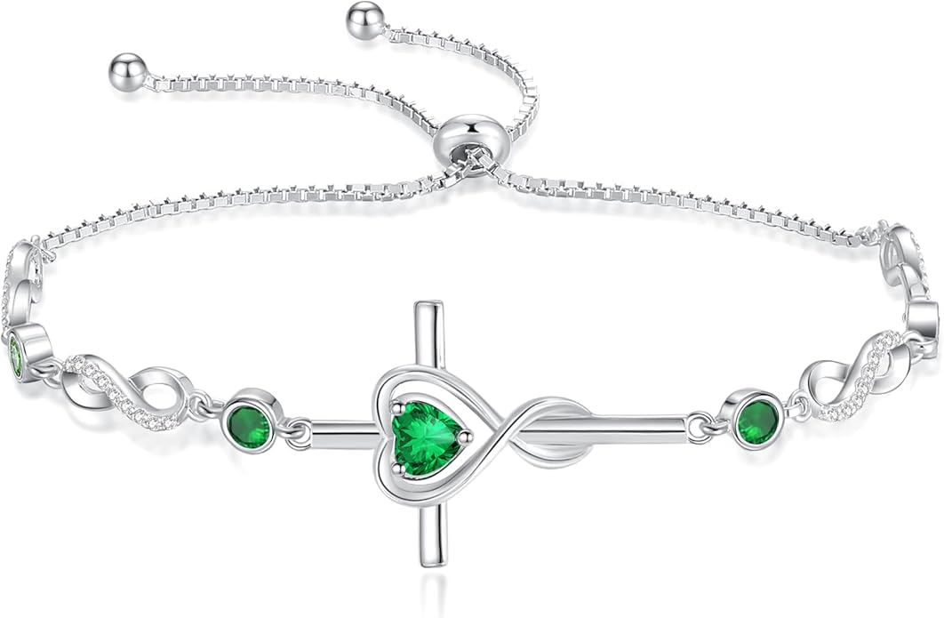 FANCIME Gift for Women Cross Bracelet 925 Sterling Silver Heart Birthstone Bracelet Fine Jewelry Birthday Gifts for Her Women
