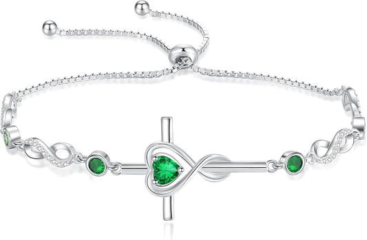 FANCIME Gift for Women Cross Bracelet 925 Sterling Silver Heart Birthstone Bracelet Fine Jewelry Birthday Gifts for Her Women