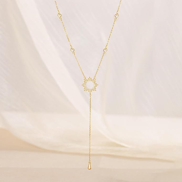 CHESKY Lariat Gold Necklace for Women Trendy, Dainty Long Necklace 14k Gold Plated/Silver Y-Shaped Pendant Necklace Layered Cz Beaded Chain Drop Necklaces Simple Gold Jewelry For Women Gift