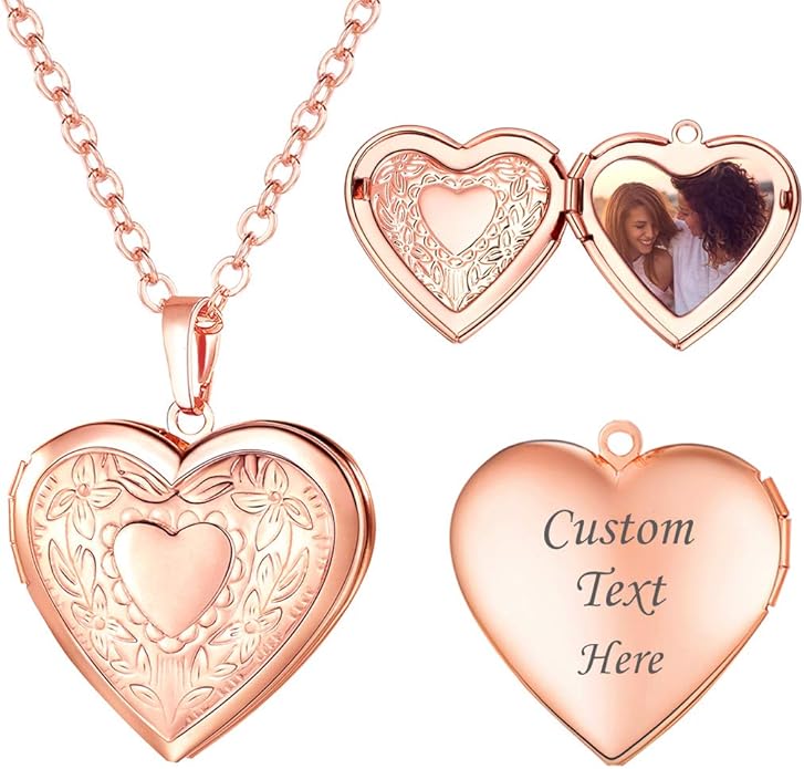 U7 Women Locket Necklace Platinum 14K Gold Photo Lockets that Hold Picture,Chain 20 Inch Personalized Gift Custom Love Heart Image Necklaces