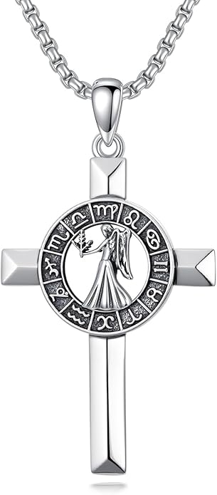 MEIDERBO Cross Zodiac Necklace 925 Sterling Silver 12 Constellation Horoscope Astrology Pendant Necklace Zodiac Sign Jewelry Gifts for Men Women