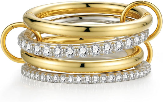 Emibele 14K Gold Plated Stackable Rings for Women, Interlocking Non Tarnish Gold Rings, Silver Dainty Cubic Zirconia Bands, Two-Toned Mixed Metal Stacking Band, Trendy Jewelry Gifts for Women