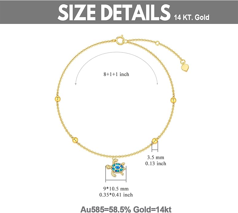 14K Gold Sea Turtle Anklet for Women Blue Opal Layered Ankle Bracelet Real Gold Beach Foot Jewelry Yellow Gold, 8''-10''