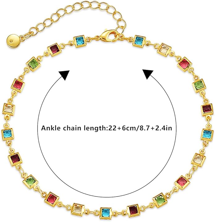 18K Gold Plated Anklet for Women Multicolor Crystal Ankle Bracelets Boho Adjustable Chain Anklets