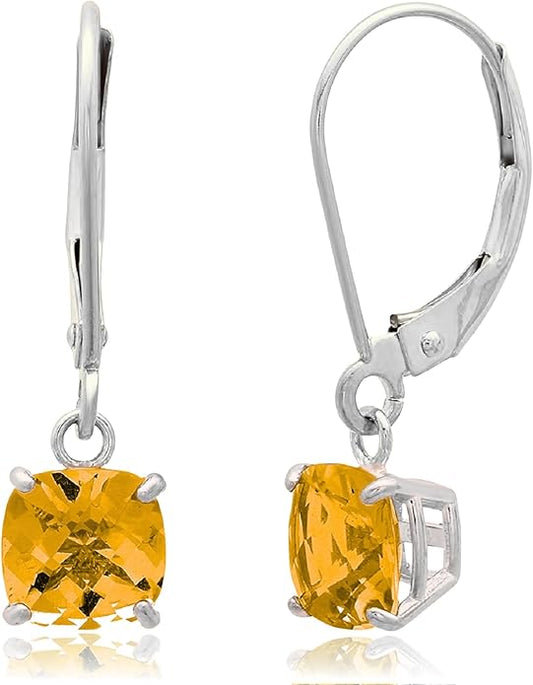 Solid 10K Gold Cushion Cut Dangle Gemstone Earrings for Women | 6mm Gemstone Birthstone Earrings | Checkerboard 10 Karat Gold Dangle Drop Leverback Earring for Women by MAX + STONE