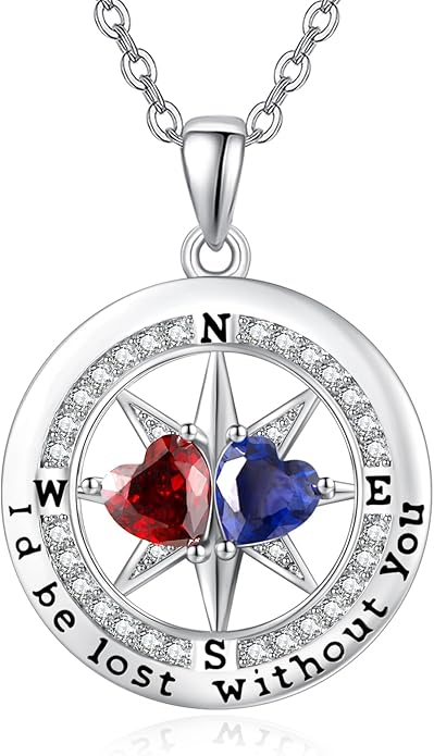 Compass Birthstones Necklace for Women, Exquisite Anniversary Birthday Gifts for Wife Her Double Birthstone Pendant jewelry ‘I'd be Lost Without You’
