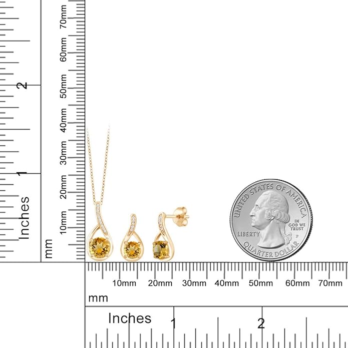 Gem Stone King 18K Yellow Gold Plated Silver Round Gemstone Birthstone and Diamond Pendant Earrings Jewelry Set For Women | Round 6MM and 5MM | With 18 Inch Chain