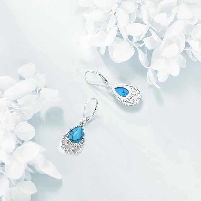 AOBOCO Butterfly/Dragonfly/Bee/Ladybug Leverback Earrings 925 Sterling Silver Rose Lotus Tulip Flower Filigree Dangle Earrings Teardrop Moonstone Larimar Turquoise Abalone Shell Jewelry Birthday Gifts for Women