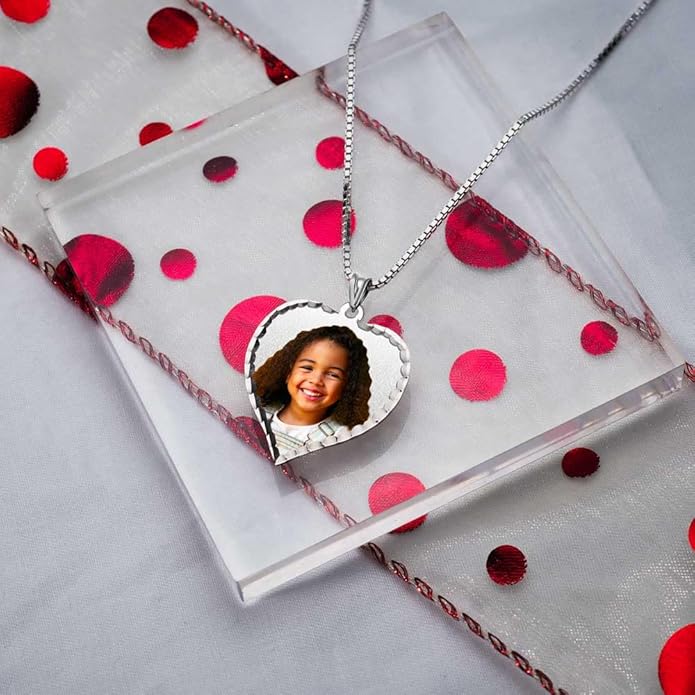 PicturesOnGold.com Personalized Photo Engraved Heart Shaped Picture Necklace with Diamond Cut Edge in Silver, Gold, White Gold or Rose Gold - 1 Inch x 1 Inch