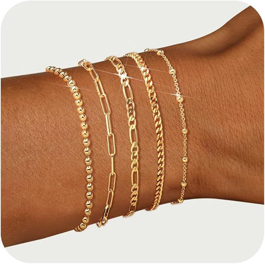 adoyi Gold Bracelets for Women, 14K Gold Plated Stackable Bracelet Stack Set Adjustable Charm Paperclip Chain Cuban Link Layered Waterproof Jewelry Sets Gifts for Womens 6.0/6.8/7.2"