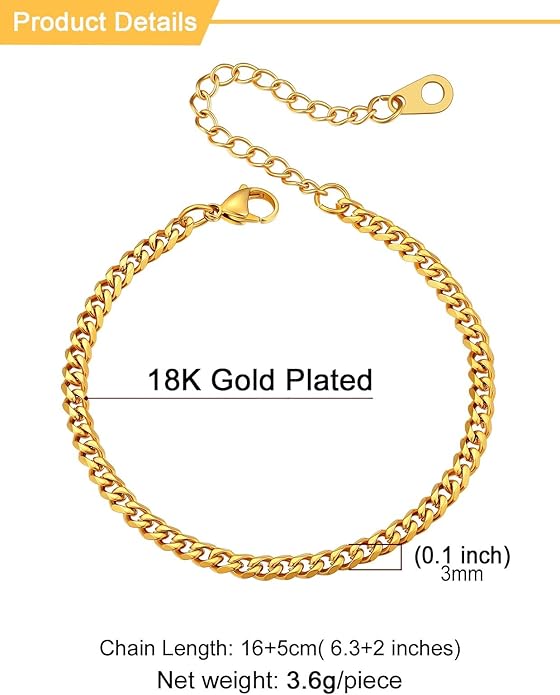 U7 Link Bracelets for Men, Cuban Link/Rope/Watch Band Solid Bracelet, Silver Black Gold Color Wrist Bracelet 3/6/9/12/15mm Width, 6.5/7.5/8.3 Inch Length, Hand Chain Jewelry for Mens Women