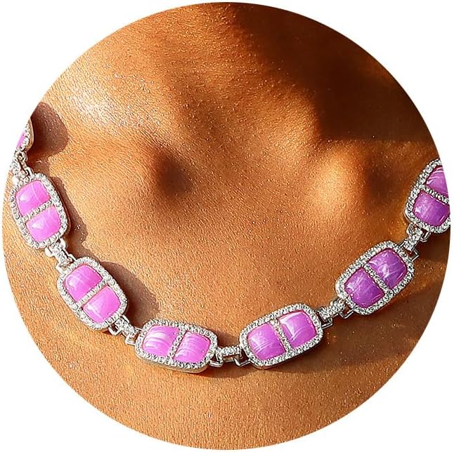 Chunky Necklace for Women 12 Colors Diamond Stone Gold Statement Necklace for Women Full Trendy Blue Birthstone Choker Necklace for Women Square Design Necklace Jewelry